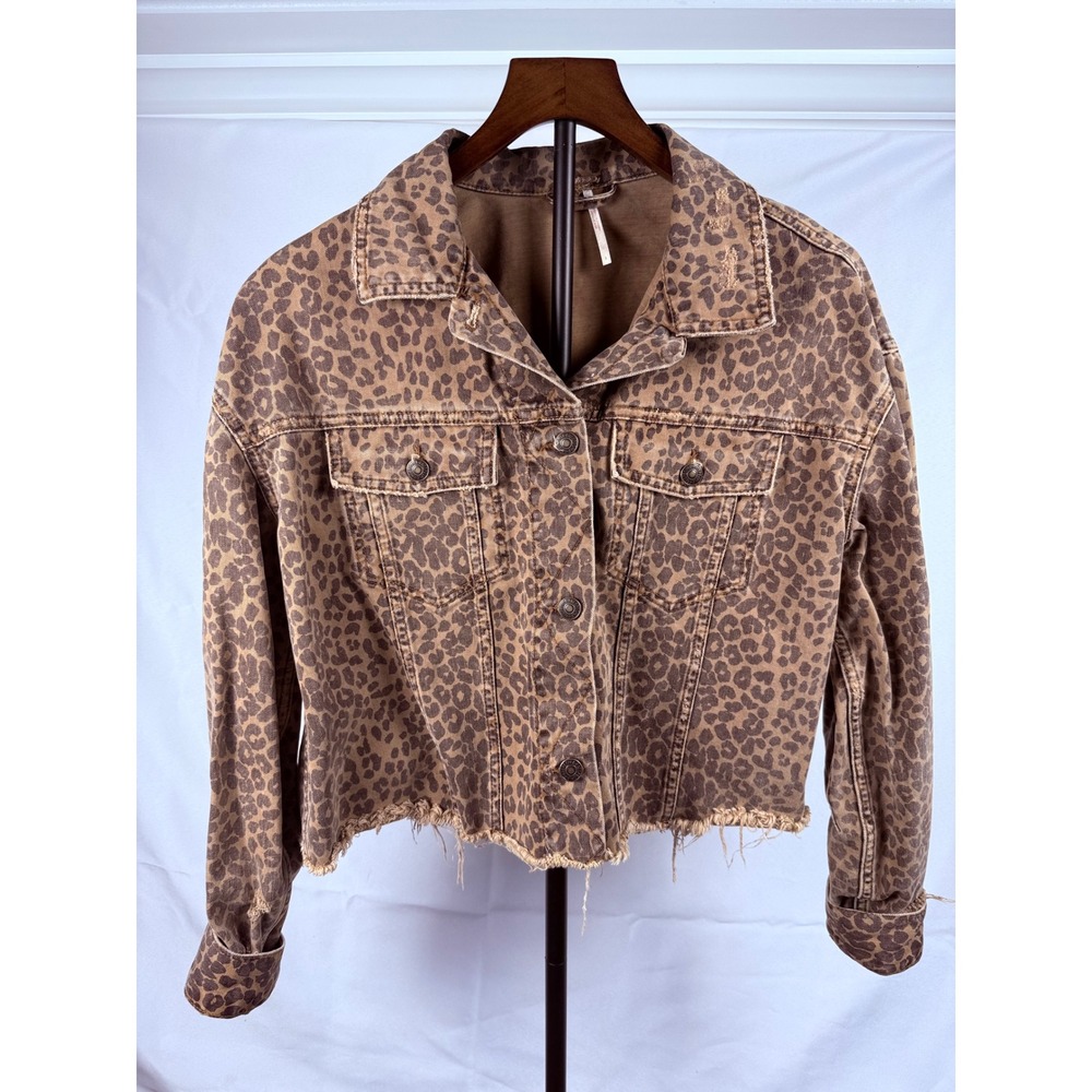 Free People Women M Leopard Print Distressed Denim Crop Jacket Boho Grunge Indie